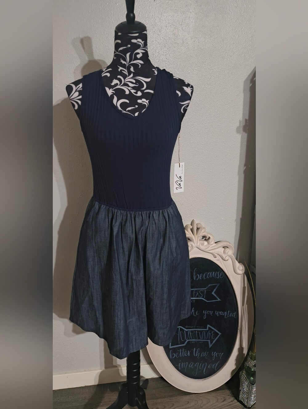 Vava by Joy Han Navy Ribbed Tank with Chambray Skirt Mini Dress